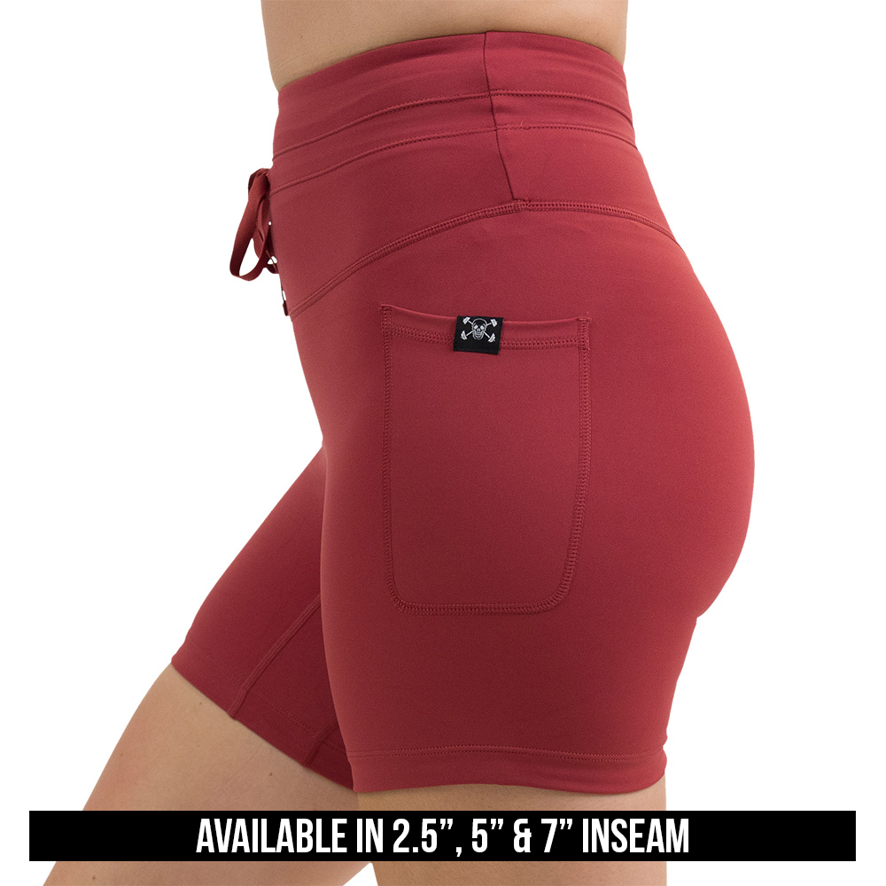 the available inseam lengths for the omni garnet red shorts, available inseams include 2.5 inch, 5 inch, and 7 inch lengths