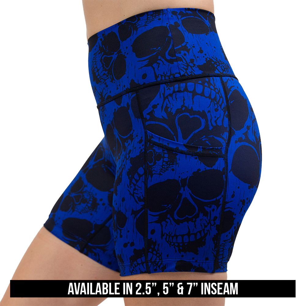 available inseam lengths for the dark skulls against a blue background pattern shorts, lengths include 2.5 inches, 5 inches, and 7 inches