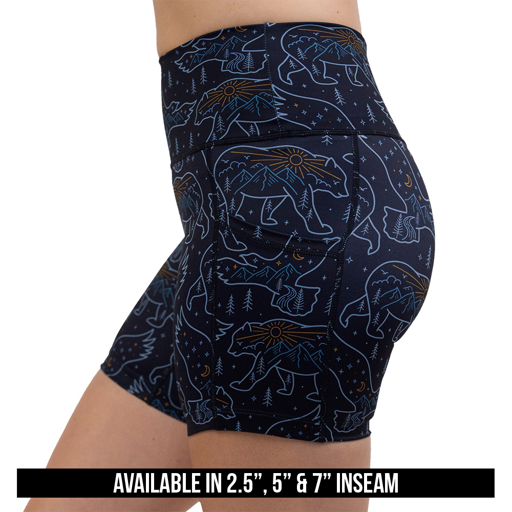 available inseam lengths for the bird and bear outlines against a dark background shorts, lengths include 2.5 inch, 5 inch, and 7 inch