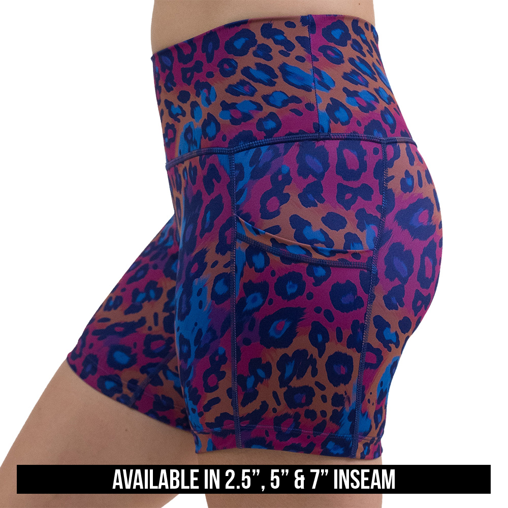 available lengths for the cheetah print against a yellow, blue, and purple background pattern shorts, inseam lengths include 2.5 inch, 5 inch, and 7 inch