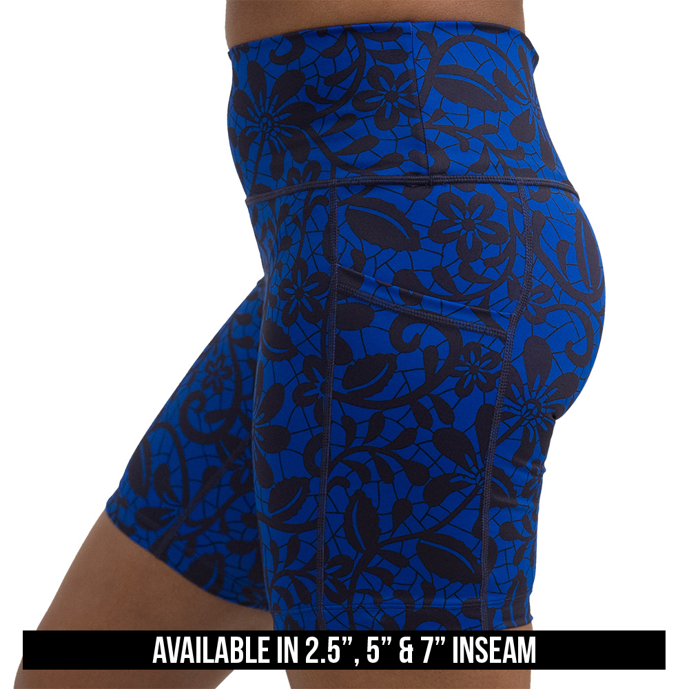 available inseam lengths for the black floral against a dark blue background shorts, sizes include 2.5 inch 5 inch and 7 inch