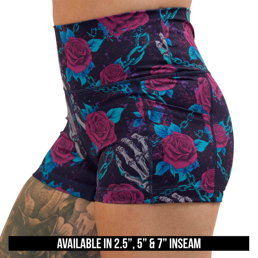 available inseam lengths for the roses and skeleton hands connected by chain links pattern shorts, lengths include 2.5 inch, 5 inch, and 7 inch