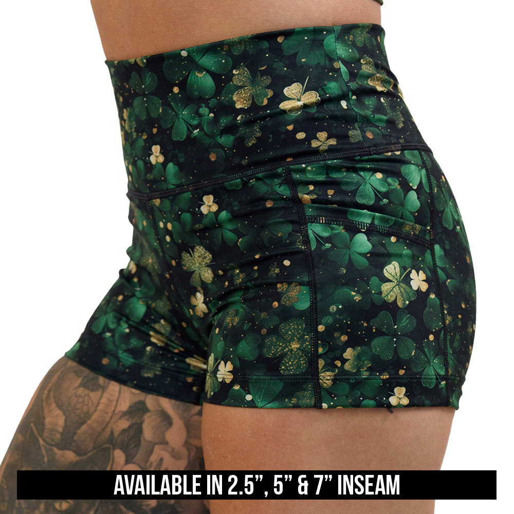 available inseam lengths for the green and gold shamrock patterned shorts, lengths include 2.5 inches, 5 inches, and 7 inches