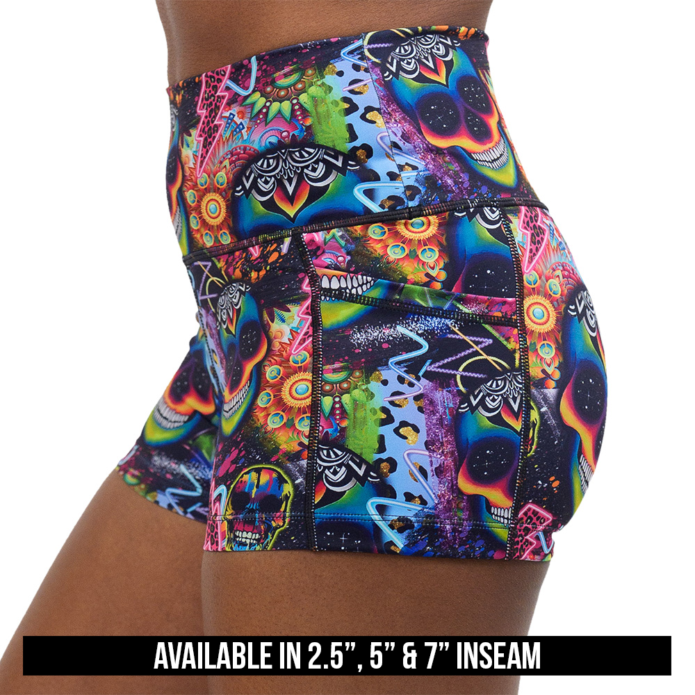 available lengths for the the brightly colored psychedelic skulls pattern against a busy background full of designs shorts, include 2.5 inch, 5 inch, and 7 inch sizes