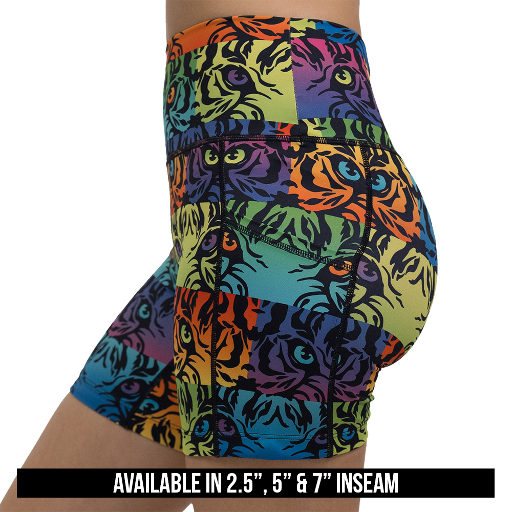 available lengths of the rainbow tiger print shorts, available inseam lengths include 2.5 inches, 5 inches, and 7 inches