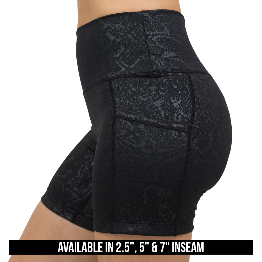 black snake print shorts available inseam lengths are 2.5 inches, 5 inches, and 7 inches
