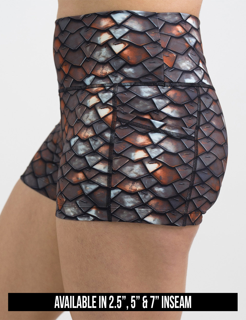 available inseam lengths for the iron scales pattern shorts, inseam lengths include 2.5, 5, and 7 inches