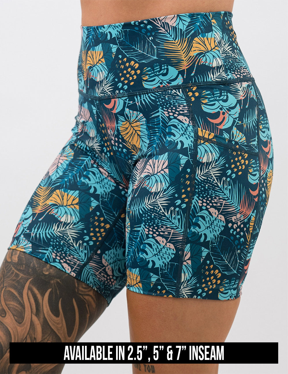 available inseam length for the blue, pink, yellow, and red tropical leaves shorts, lengths include 2.5, 5, and 7 inches