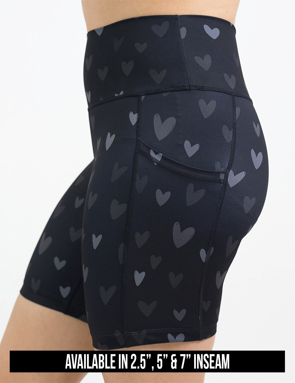 available inseam lengths for the black shorts with light and dark grey hearts, lengths include 2.5, 5, and 7 inches 