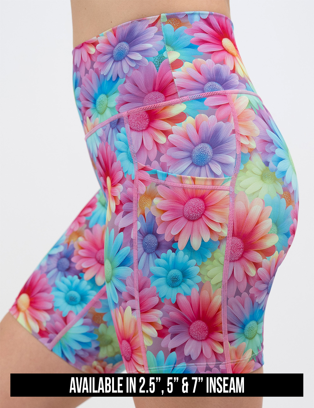 available inseam lengths for the pastel colored flowers shorts, inseam lengths available are 2.5 inches, 5 inches, and 7 inches