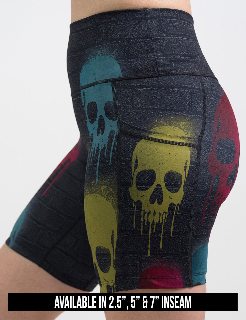 available inseam lengths for the black brick pattern with blue, red, and yellow skull spray paint patterns shorts, lengths include 2.5, 5, and 7 inches