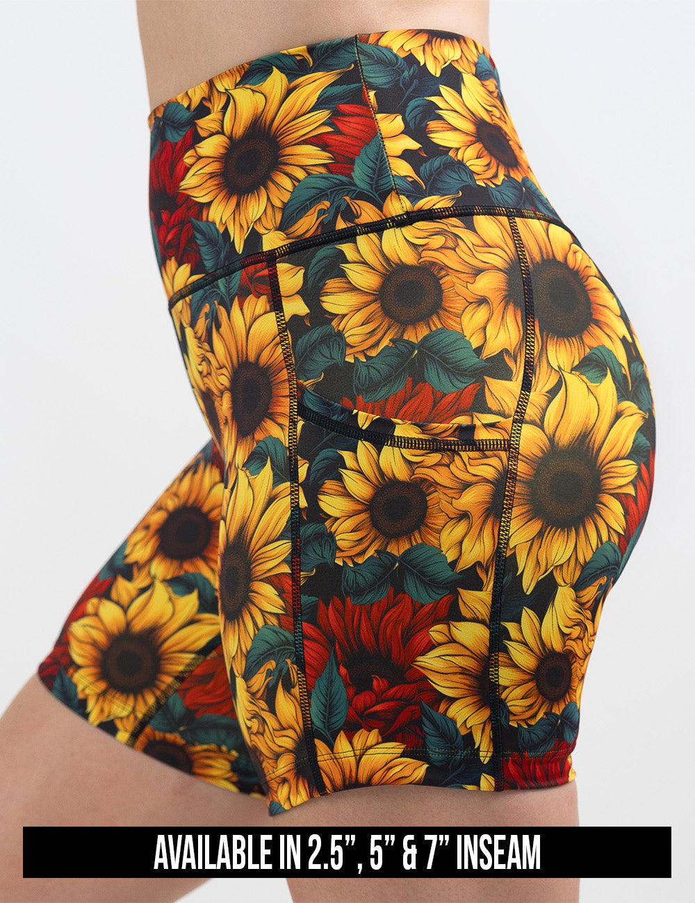 available inseam lengths for the sunflower with red flowers shorts, lengths include 2.5, 5, and 7 inches