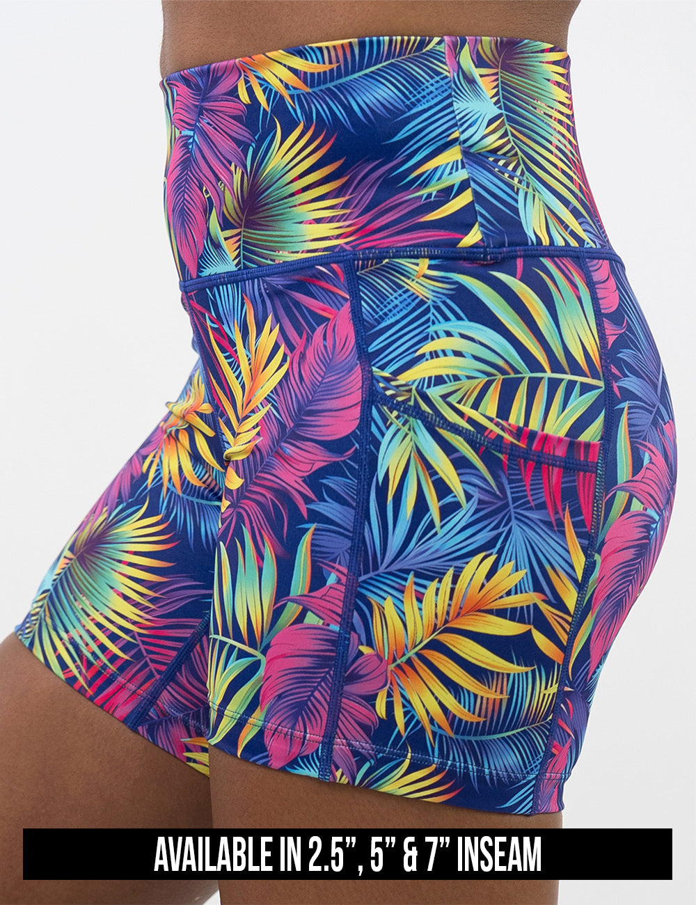 available lengths for the vibrant tropical leaves shorts, inseam lengths include 2.5, 5, and 7 inches