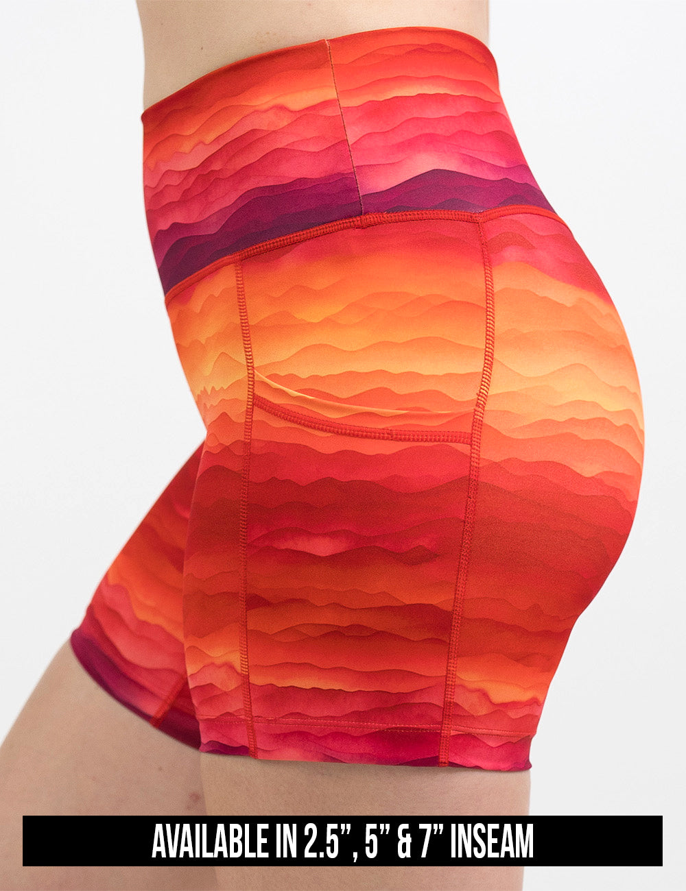 available inseam lengths for the red, yellow, and orange sunset stripes pattern shorts, lengths include 2.5, 5, and 7 inches