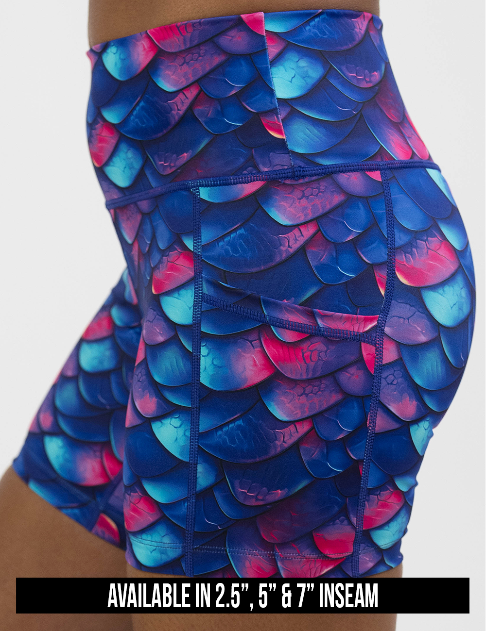available lengths for the blue, purple, and red colored dragon scale shorts, lengths include 2.5, 5, and 7 inch inseam