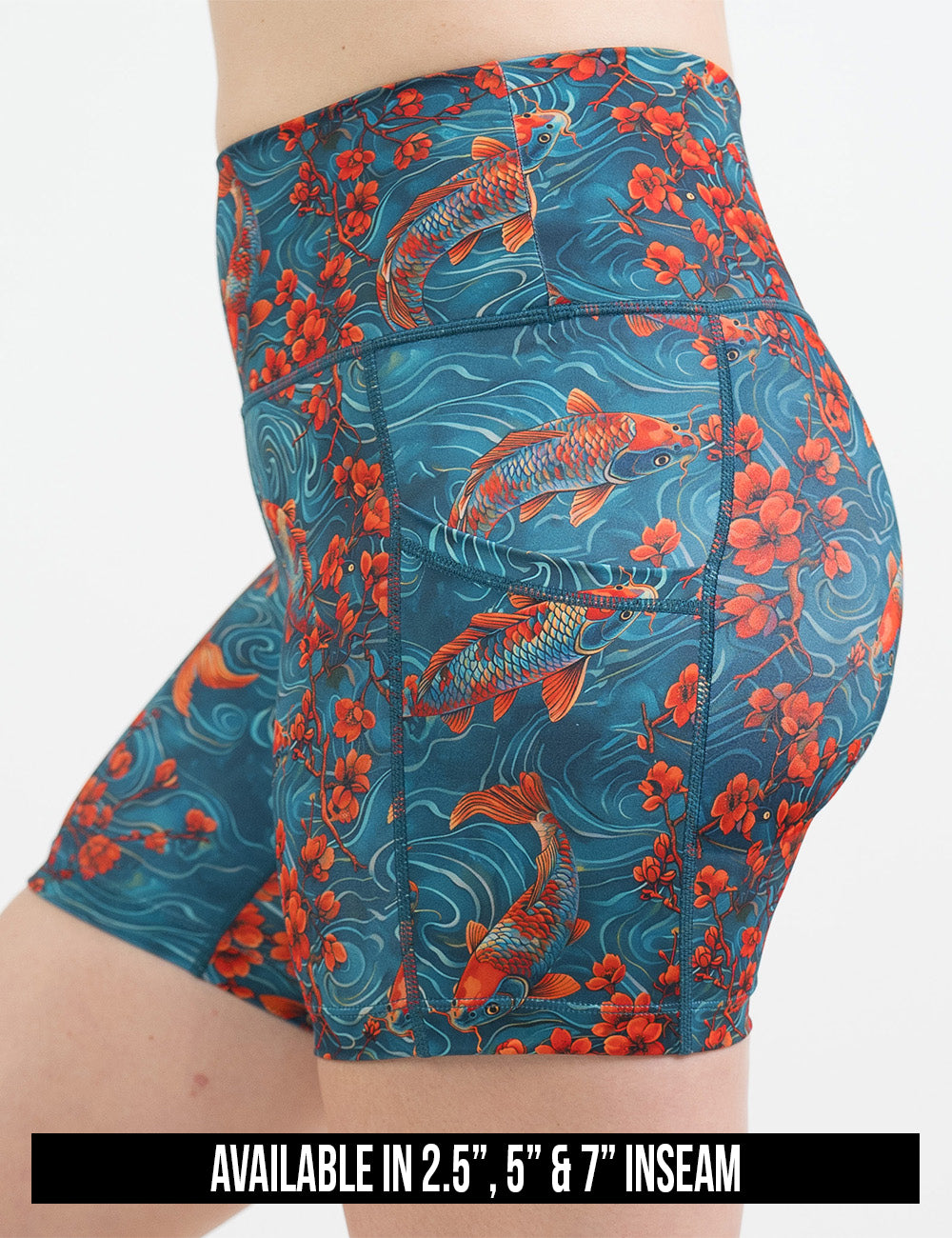 available inseam lengths for the koi fish swimming with orange flowers, lengths include 2.5, 5, and 7 inches