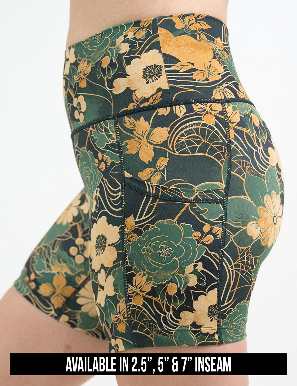 available inseam lengths for the green and gold flower with gold accent shorts, lengths include 2.5, 5, and 7 inches