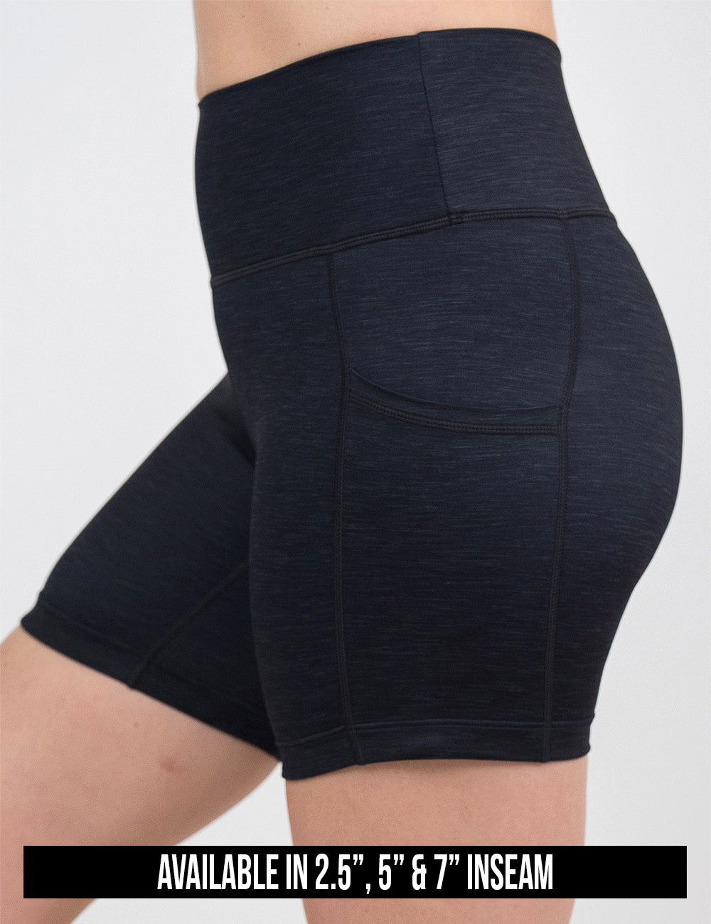 available lengths for the black heather pattern shorts, inseam lengths include 2.5, 5 and 7 inches
