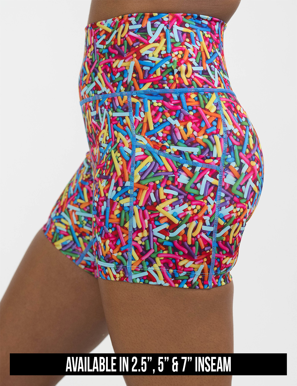 available inseam lengths for the rainbow sprinkles shorts, inseam lengths include 2.5 inches, 5 inches, and 7 inches