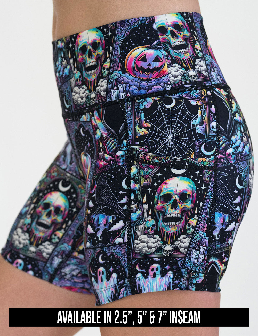 available inseam lengths for the rainbow skulls, jack o lantern, and ghosts shorts, lengths include 2.5, 5, and 7 inches