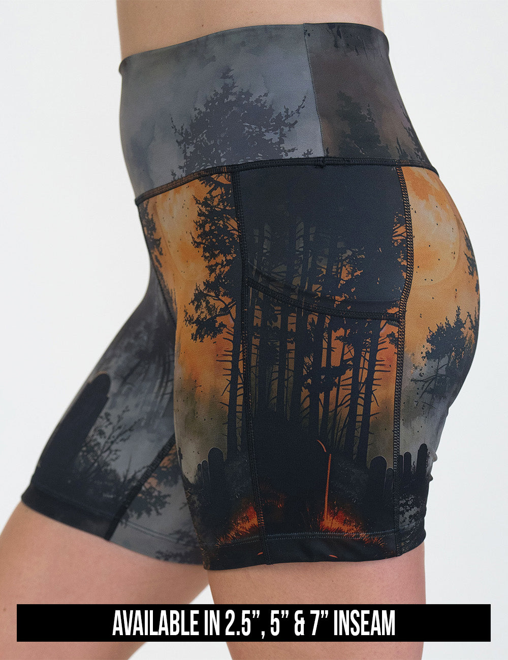 available inseam lengths for the dark cemetery with a full moon shorts, lengths include 2.5, 5, and 7 inches