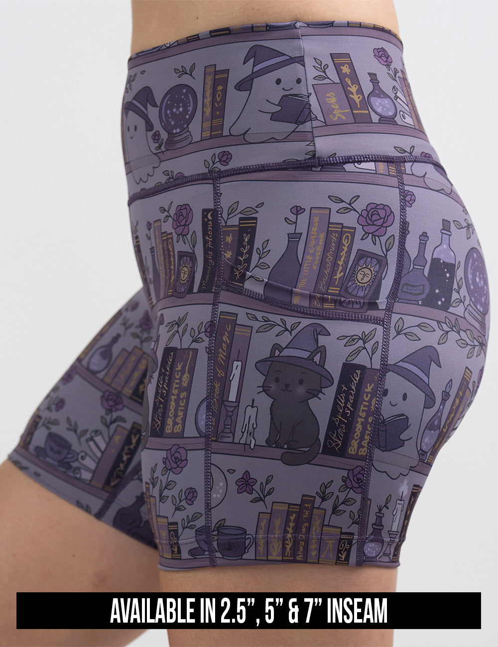 available inseam lengths for the ghosts and cats book shelves shorts, lengths include 2.5, 5, and 7 inches