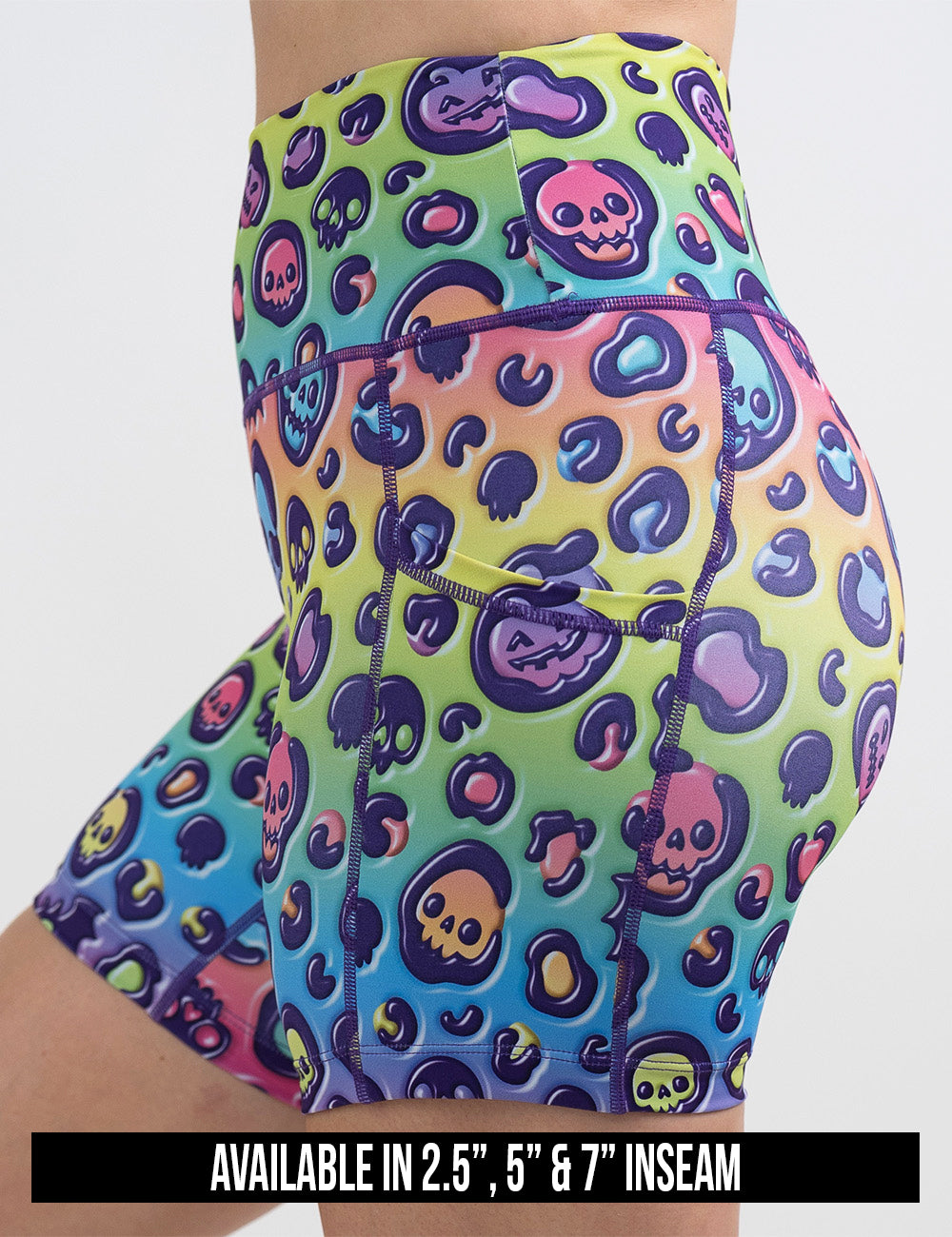 available inseam lengths for the rainbow leopard print pumpkins and skulls shorts, lengths include 2.5, 5, and 7 inches