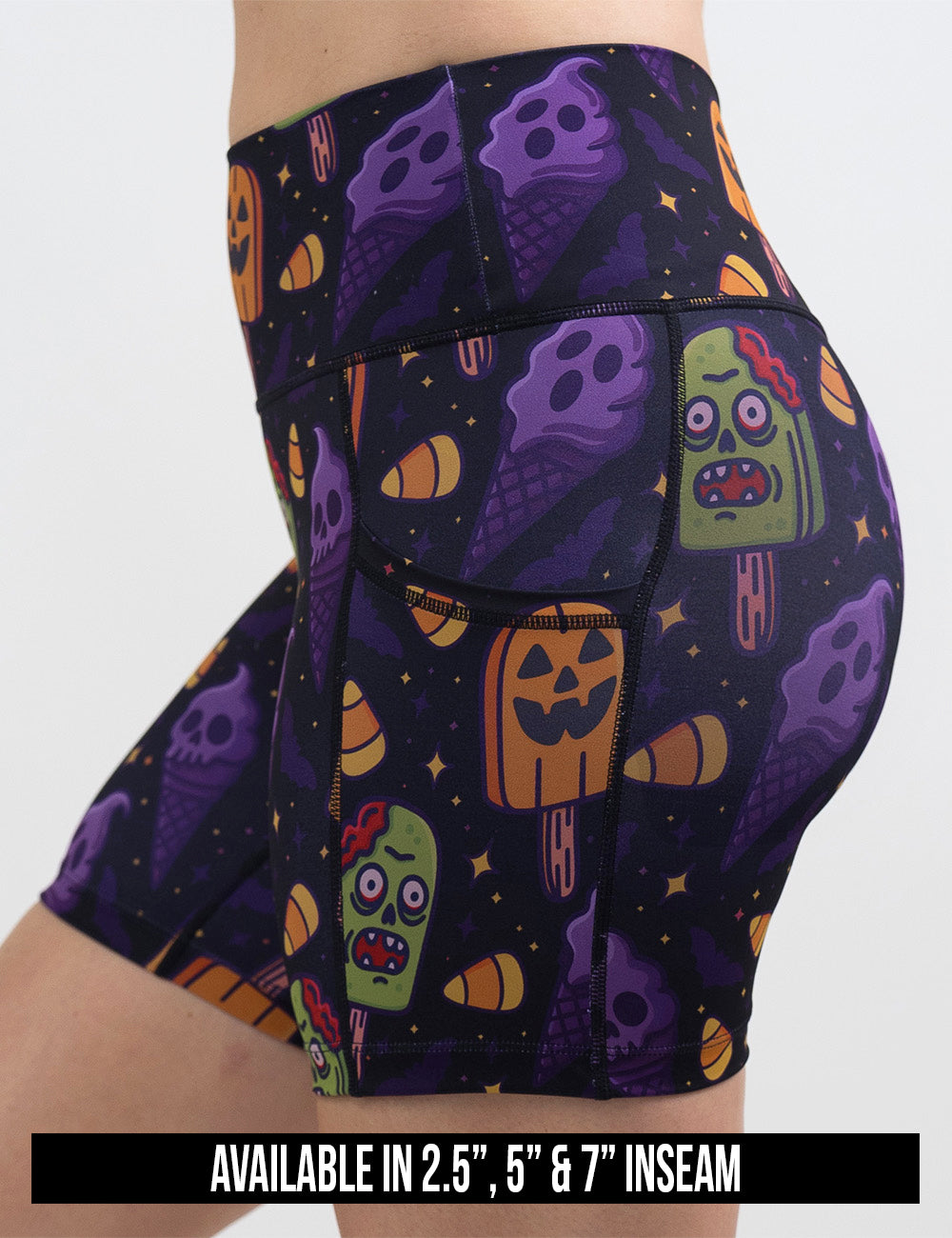 available lengths for the zombie, jack o lantern, and ghost ice cream's shorts, inseam lengths include 2.5, 5, and 7 inches