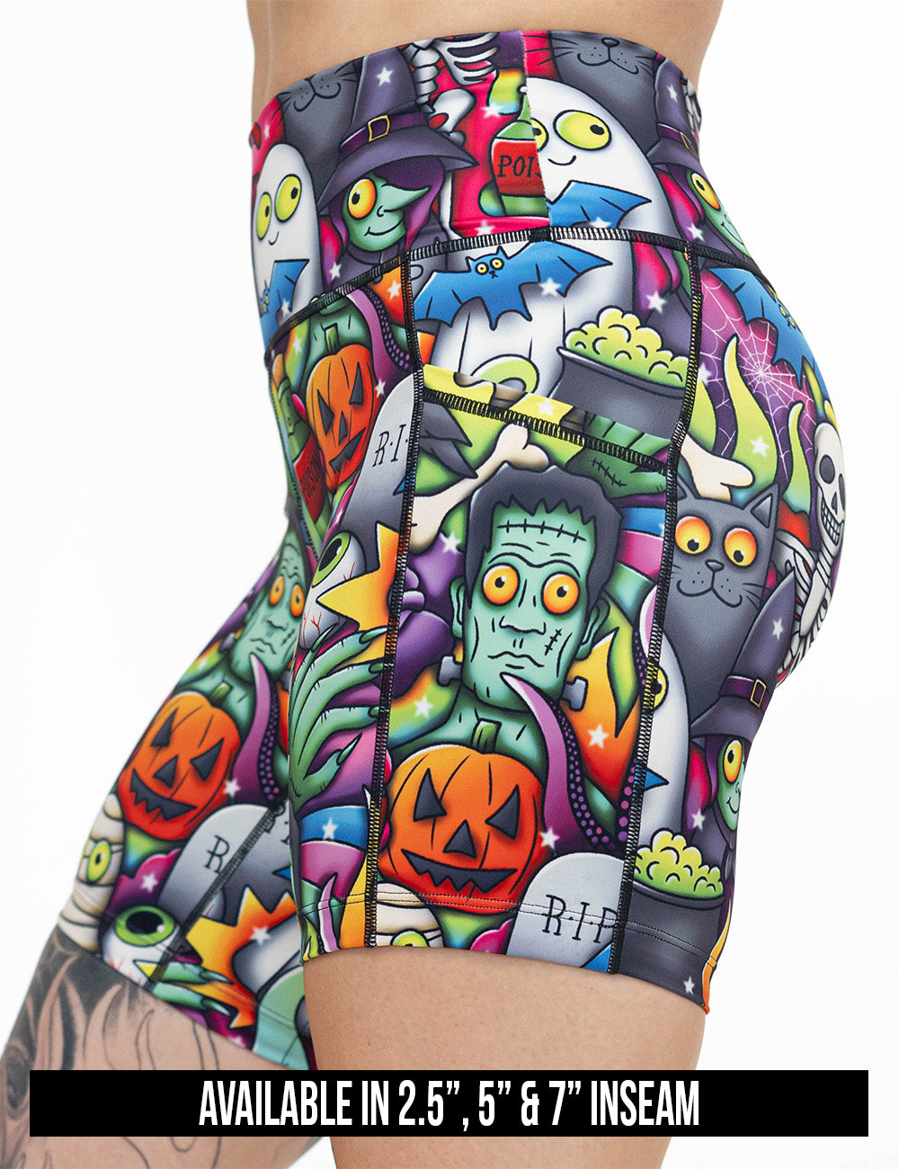 available inseam lengths for the Halloween characters shorts, lengths include 2.5, 5, and 7 inches
