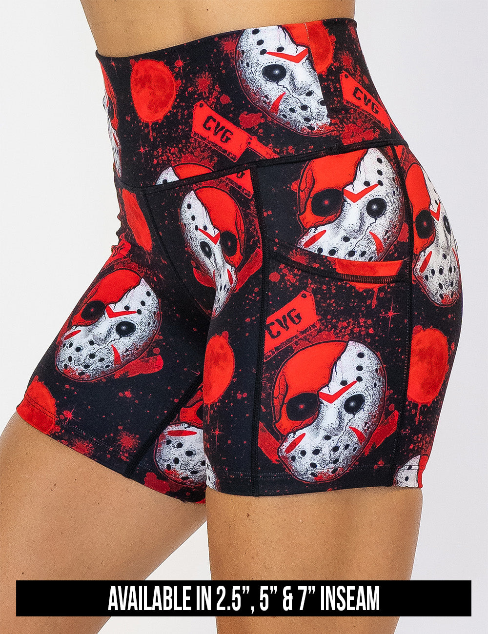 available inseam lengths for the bloody hockey masks with CVG meat cleavers shorts, lengths include 2.5, 5, and 7 inches