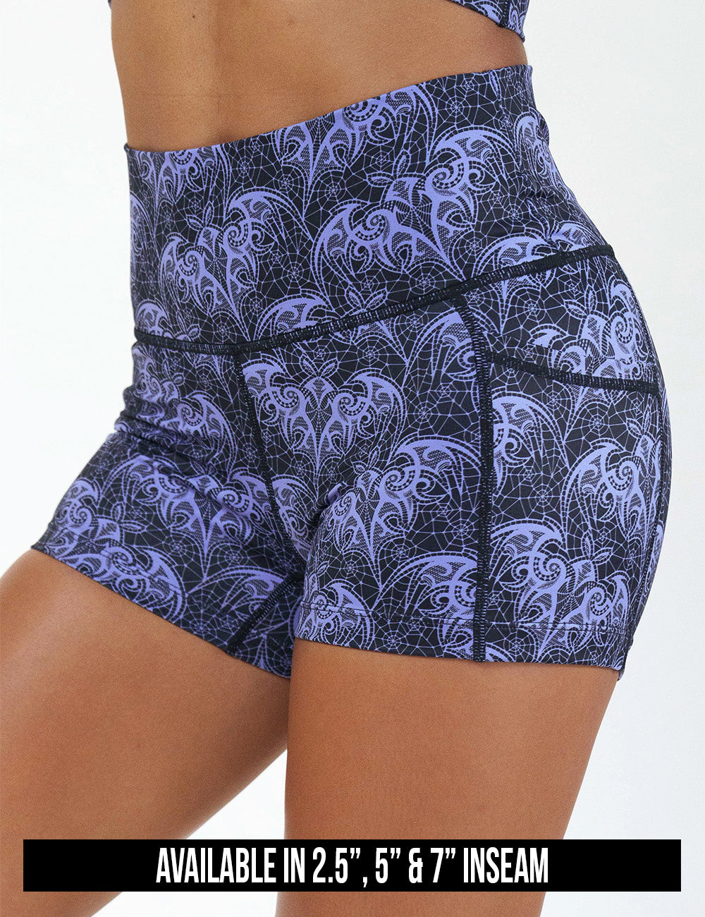 available inseam lengths for the purple bat lace shorts, lengths include 2.5, 5, and 7 inches