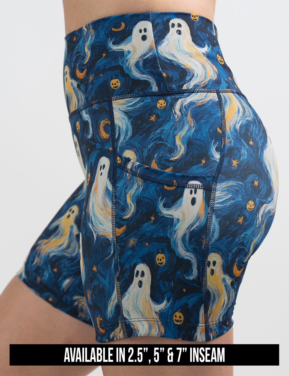 available inseam lengths for the starry night ghosts against a blue background pattern shorts, lengths include 2.5, 5, and 7 inches