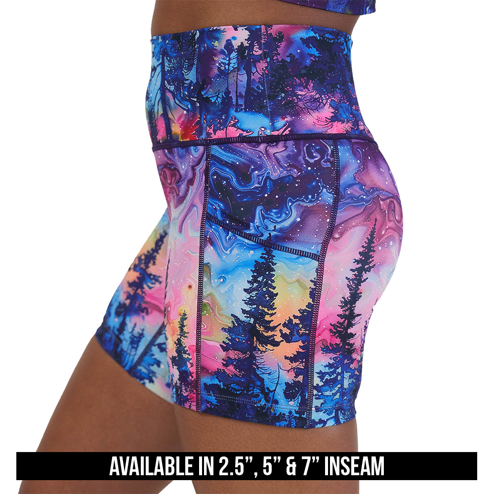 available inseam lengths for the watercolor rainbow patterned forest shorts, lengths include 2.5 inches, 5 inches, and 7 inches