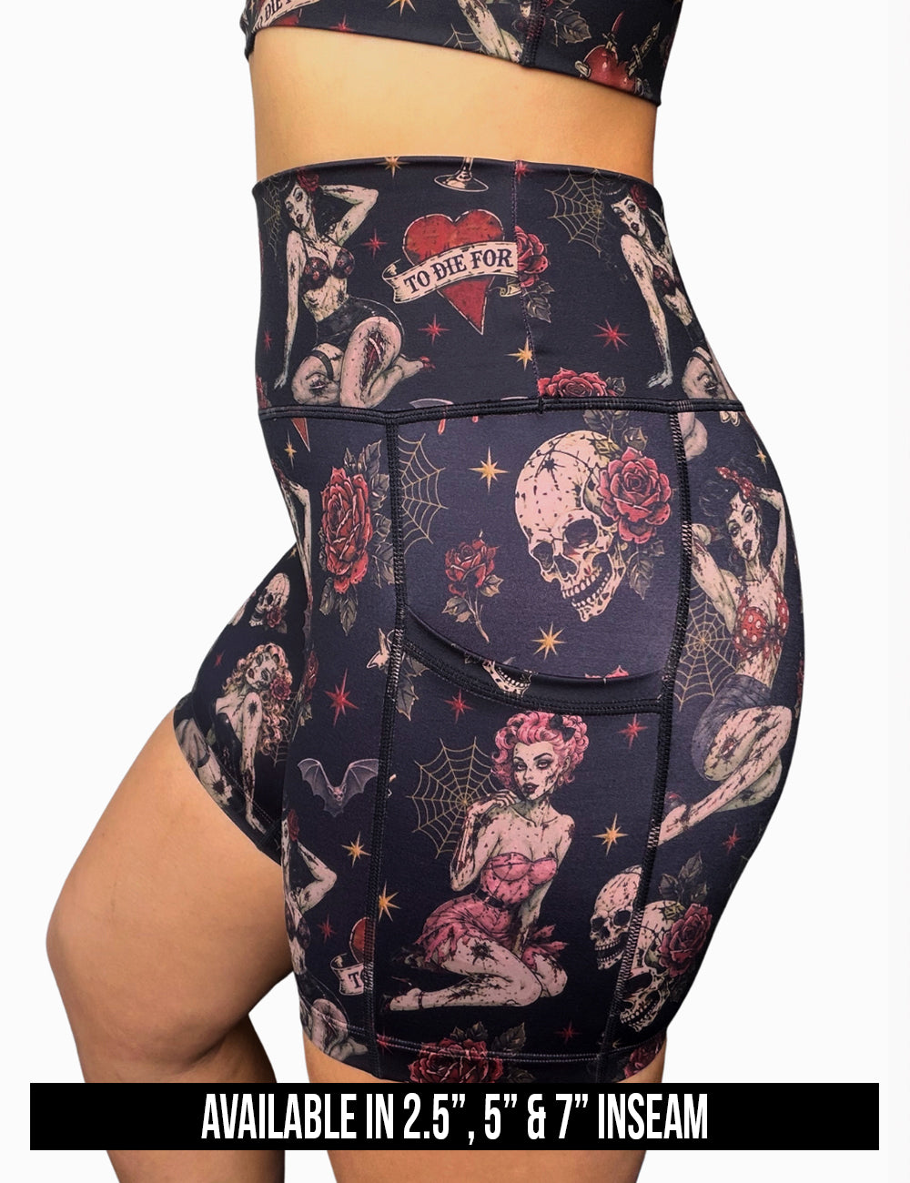 available inseam lengths for the zombie girls with pin up hair and traditional tattoo designs shorts, lengths include 2.5, 5, and 7 inches