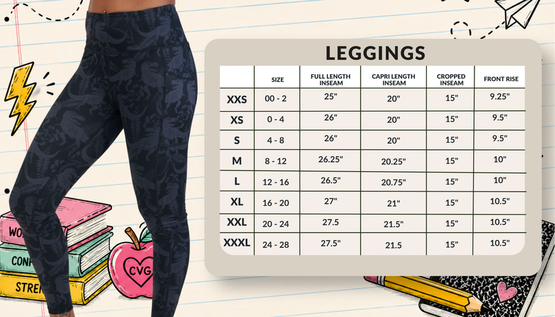 A size chart for leggings displayed over a lined notebook background, with a cropped model wearing dark patterned leggings on the left and a size table on the right listing sizes XXS through XXXL and measurements.