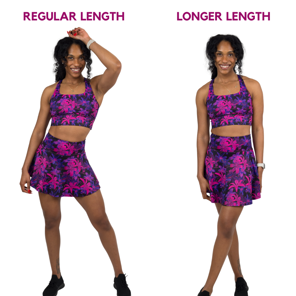 close up of a model wearing the regular and longer length skirt side by side