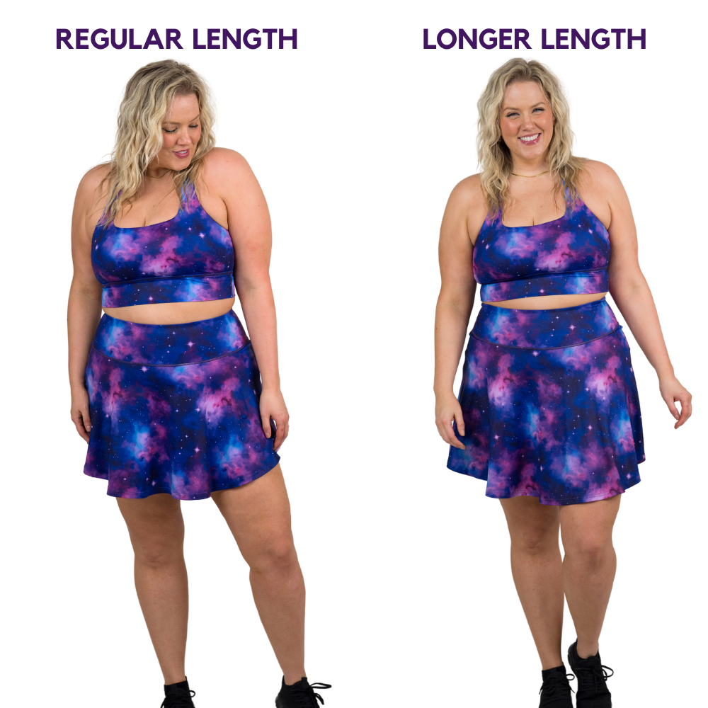 close up of a model wearing the regular and longer length skirt side by side