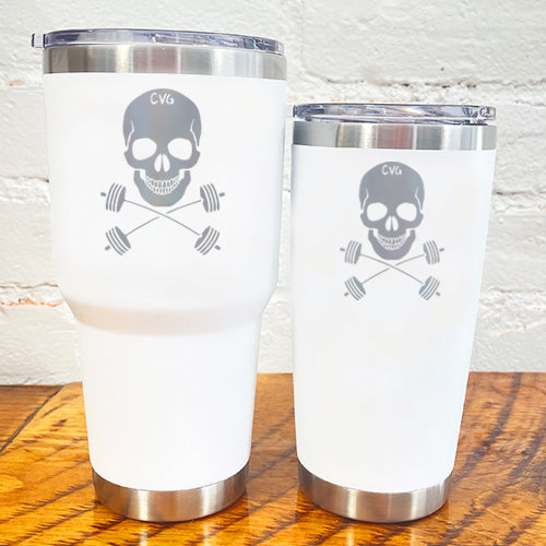 white tumblers with skull and barbell crossbones design