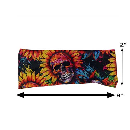 skull flower patterned headband measured at 2 by 9 inches