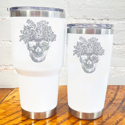 30oz and 20oz white tumblers with silver flower skull design