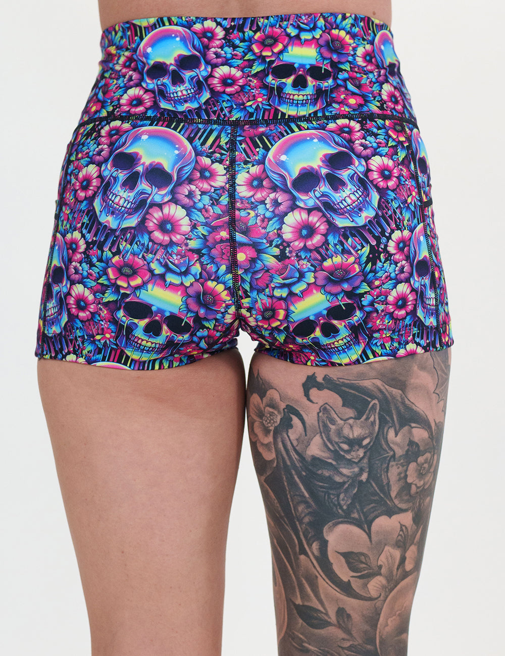 back of the neon skull print 2.5 inch shorts against a white background