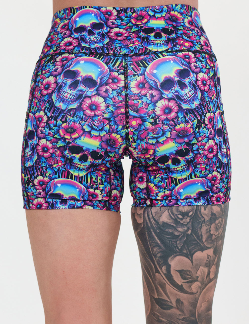 back of the neon skull print 5 inch shorts against a white background