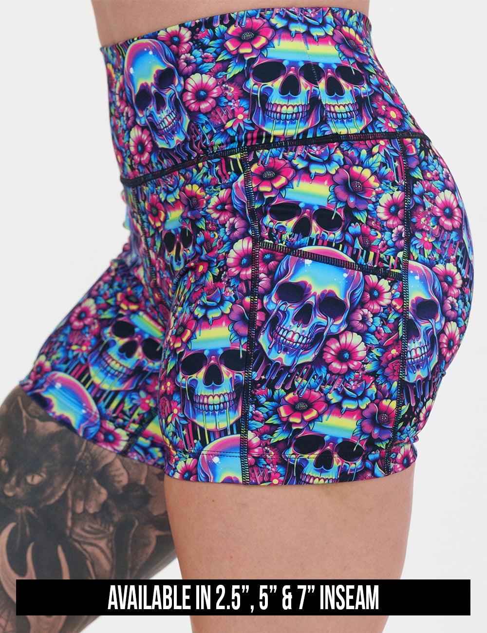 available inseam lengths for the neon skull print shorts, lengths include 2.5, 5, and 7 inch