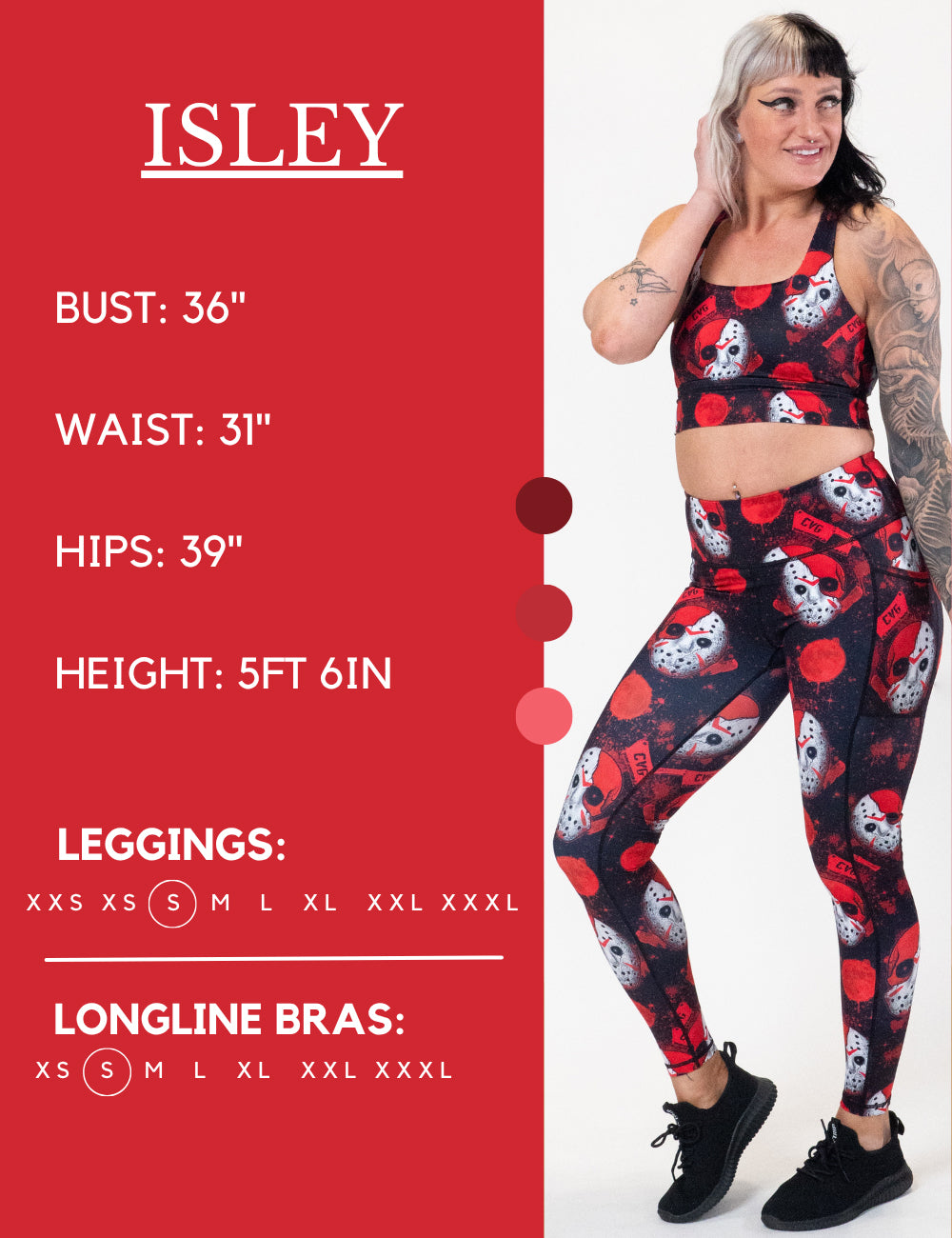Model’s measurements of 36” bust, 31” waist, 39” hips and height of 5 ft 6 inches. She is wearing a size small in our leggings