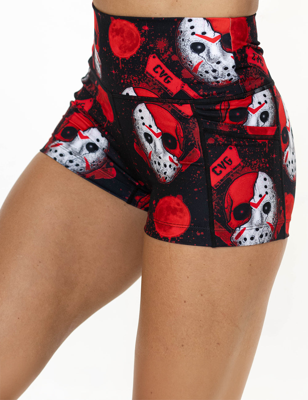 front of the 2.5 inch bloody hocky mask shorts against a white background