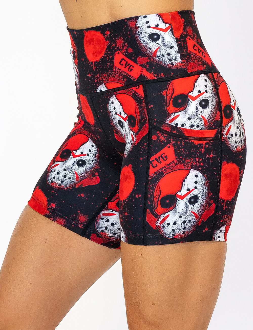 front of the 5 inch bloody hockey mask shorts against a white background