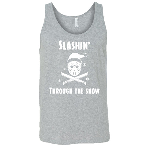 grey shirt with white lettering that says "slashin through the snow"