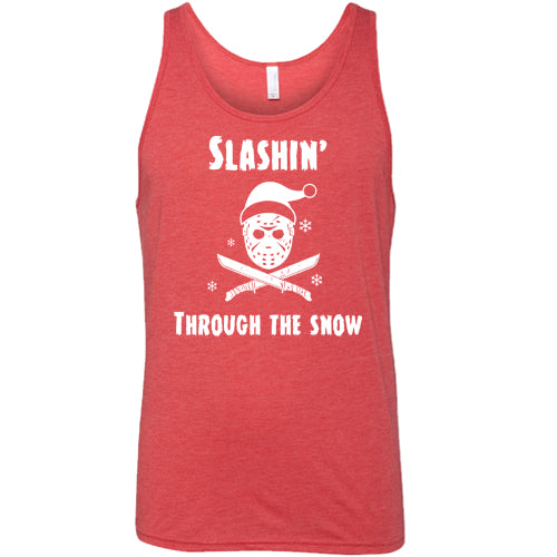 red shirt with black lettering that says "slashin through the snow"