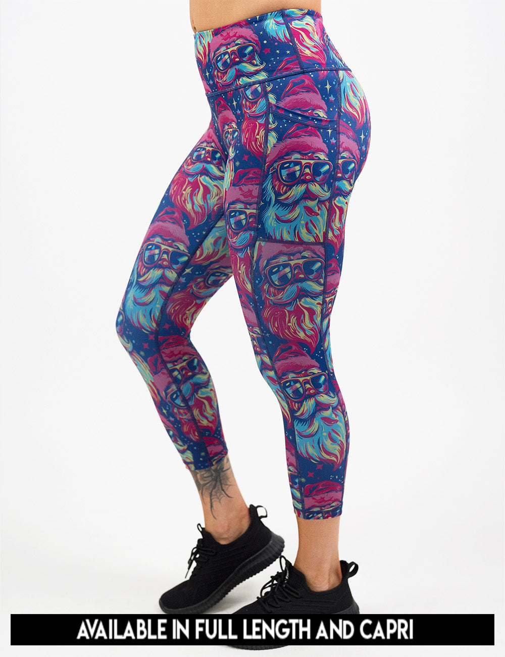 available lengths for the colorful Santa-in-sunglasses leggings, lengths include full length and capri