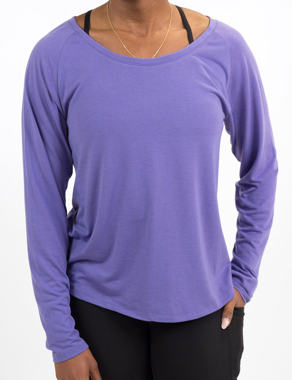 front of the purple long sleeve slouchy tee against a white background